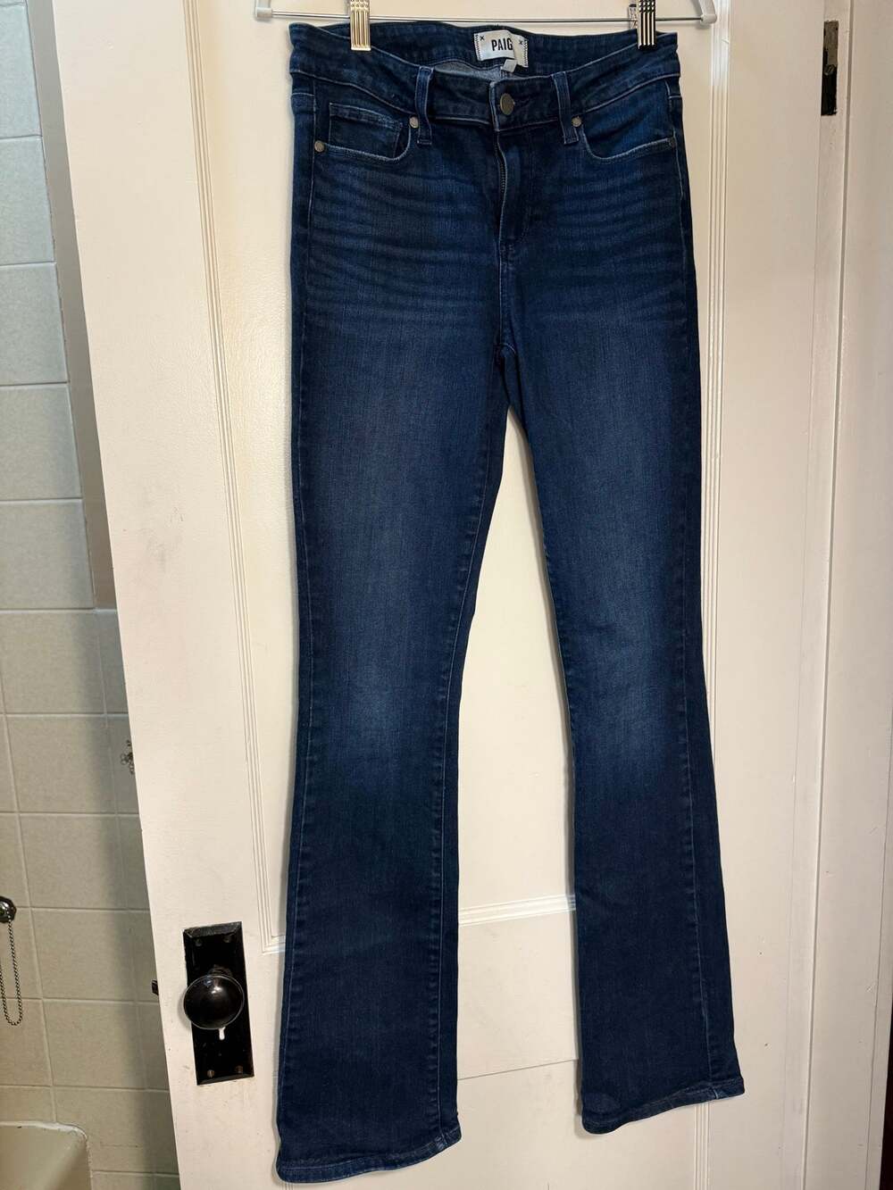 PAIGE Manhattan High Rise Bootcut Jeans Size 28 Dark Blue Wash Stretch EUC